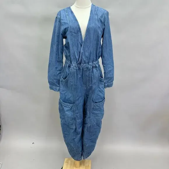 Free‎ People Archie Denim Jumpsuit Coveralls Utility Size Medium Barrel Leg